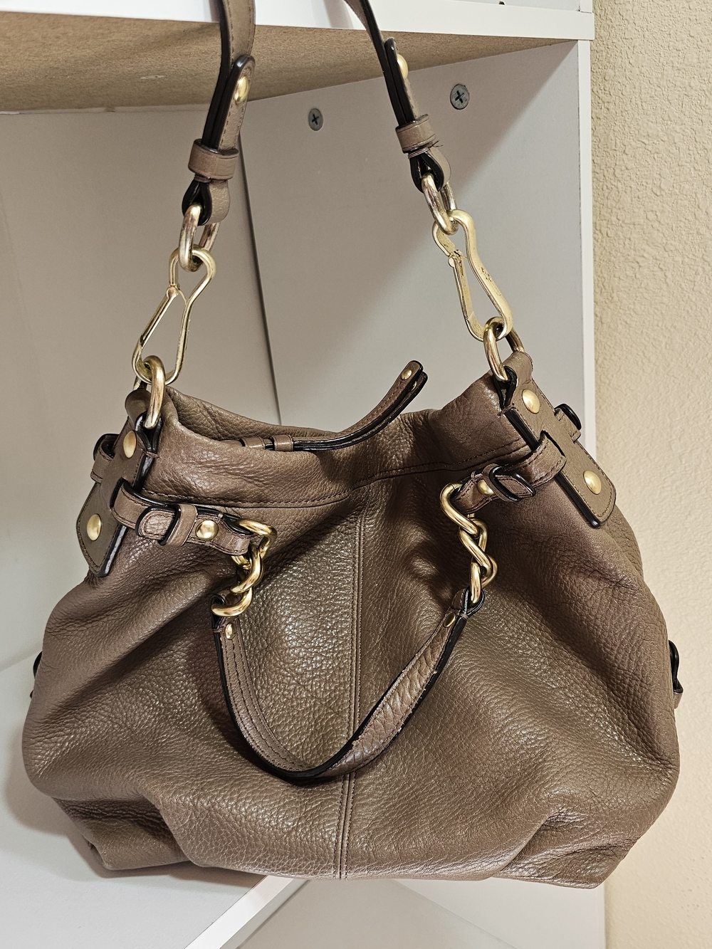 Coach Taupe Brown Leather Shoulder Bag with Gold Hardware